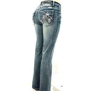 PLATINUM PLUSH MOTORCYCLE WINGS RHINESTONE DENIM‎ BOOT CUT BIKER BOOT CUT JEANS